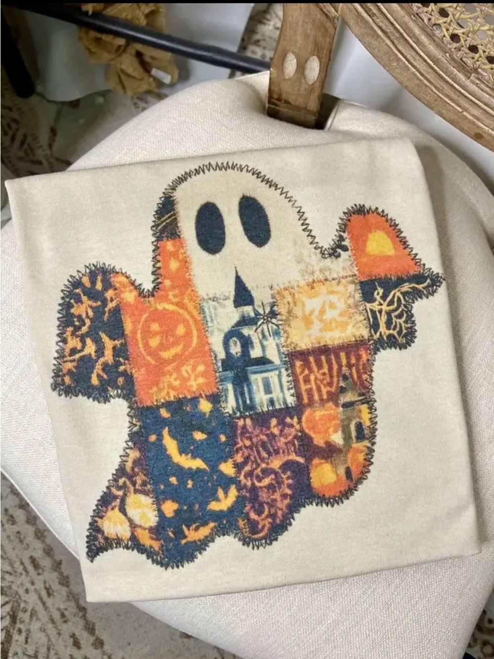 Patchwork ghost Halloween spooky western boho washed graphic tunic top shirt